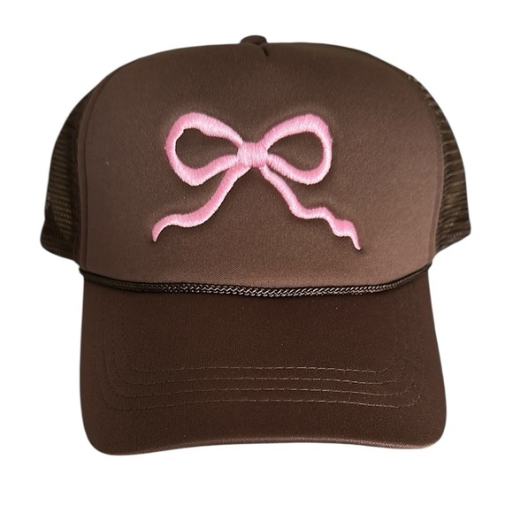 Pink Lily Bow Trucker Hat Brown with Pink Bow - Picture 1 of 8